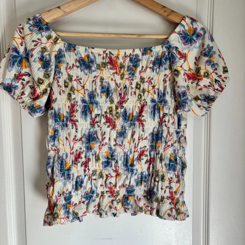 Old Navy Womens Smocked Garden Floral Top Square Neck Short Sleeve White Large
